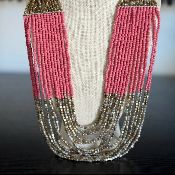 Multi-Strand Blue, Pink and Gold Beaded Statement Necklace - Picture 7 of 7